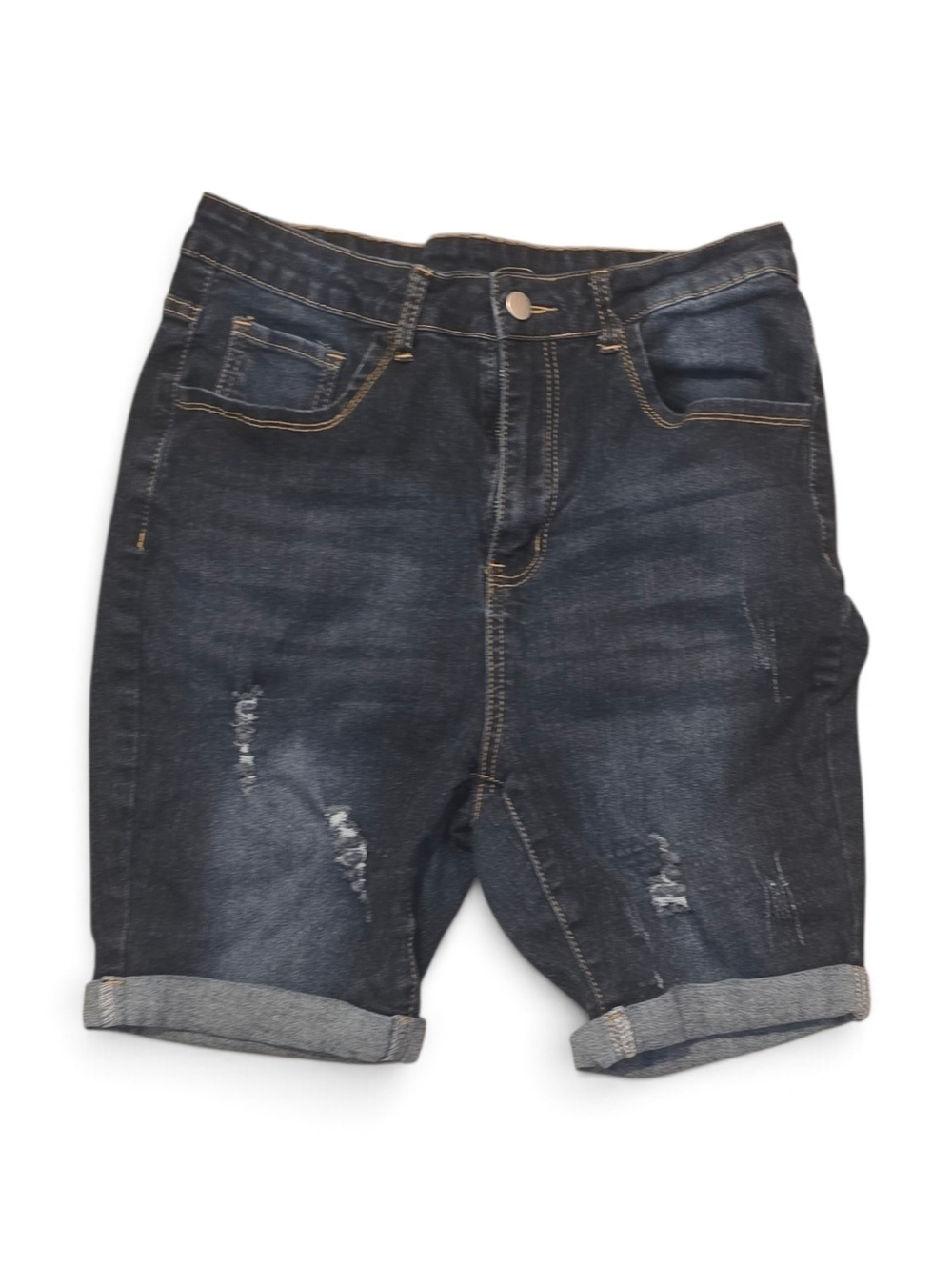 SHEIN Dark Blue Distressed Rolled Hem Denim Shorts